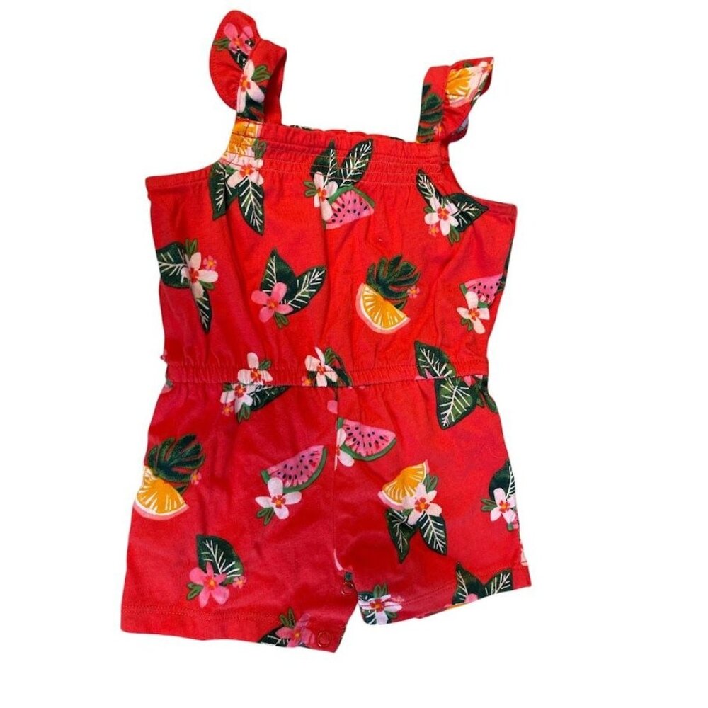 Baby Girls Fruit Print Red Romper With Ruffle Straps - 3 Mos